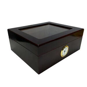 Vintage Wooden Cigar Humidor Box with Glass Top & Hygrometer